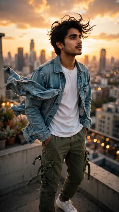Create an ultra-realistic Instagram fashion photograph of a stylish young Indian man standing on a beautiful rooftop at sunset, photographed from a