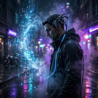 a lone netrunner jacked into a data stream in sci-fi render, rain hammering the neon-drenched streets. Volumetric neon haze carve the figure out of
