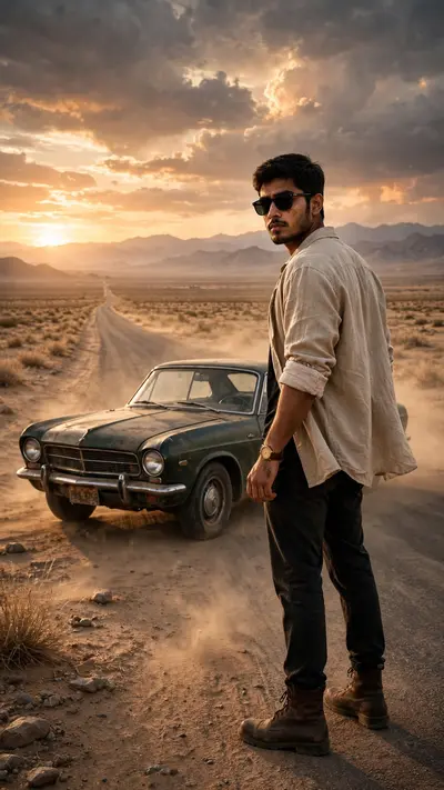 Create an ultra-realistic editorial photograph of a confident young Indian man standing beside an old classic car on an empty desert road during