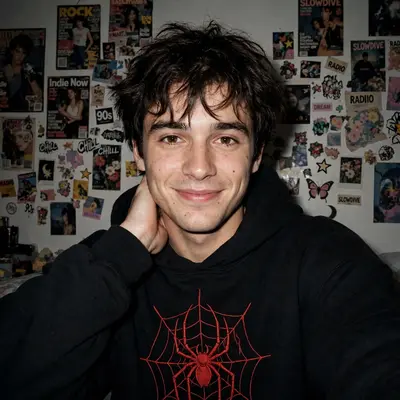 Without changing my original face, create a portrait of me captured with a 1990s-style camera using a direct front flash. My messy dark brown hair