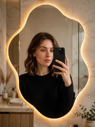 Transform this mirror selfie into a luxury LED mirror portrait. Replace the existing mirror frame with an elegant, irregular organic-shaped mirror