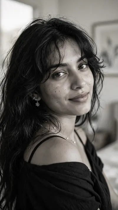 Ultra-realistic black-and-white cinematic close-up portrait of a young South Asian woman, vertical composition. Long, thick, naturally tousled dark