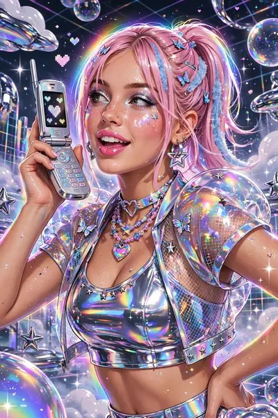 a pop star posing with a silver flip phone in iridescent chrome-futurist illustration, frozen in a flash of early-2000s magic. Iridescent rainbow rim