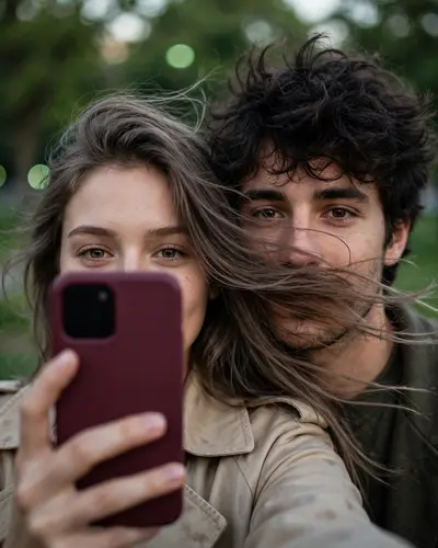 Ultra-realistic candid outdoor selfie in natural evening light. She holds a maroon phone up, hiding her lower face, only her eyes visible, long