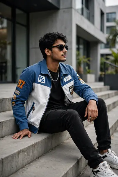 Ultra-realistic portrait of a young Man fashionable Indian sitting relaxed on concrete stairs, leaning slightly backward with one hand resting behind