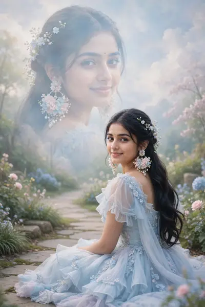 Ultra-realistic portrait of a beautiful young Indian woman in a dreamy pastel-blue layered princess gown, oversized floral jhumka earrings, tiny