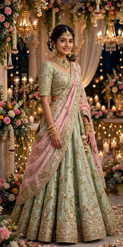 A beautiful young Indian woman wearing a luxurious pastel sage green lehenga with intricate gold and floral embroidery, paired with a matching blouse