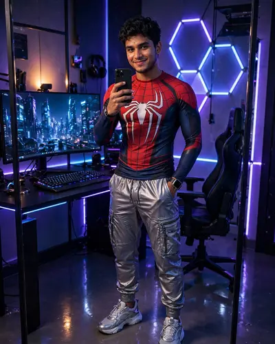 full-body mirror selfie of a young South Asian man in a futuristic gaming room, phone in one hand, other hand resting in his pocket. Short textured