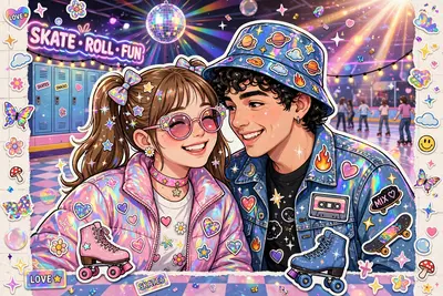 Playful holographic sticker-book art style portrait of a roller-rink couple under disco lights, glitter drifting through the air. Dreamy lens-flare