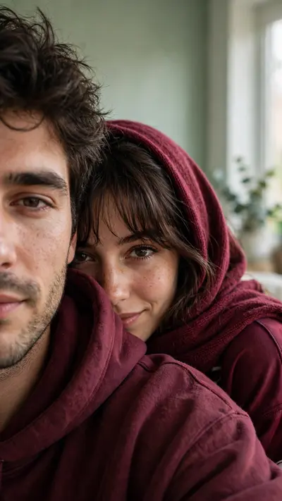 Ultra-realistic close-up couple selfie, only half the man’s face visible on the left, while the woman hides shyly behind his shoulder, showing half