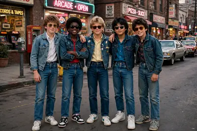 Ultra-realistic cinematic photograph of five stylish young boys standing together on a lively 1980s city street, authentic 1980s fashion, denim