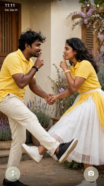 Ultra-realistic 9:16 Android lock-screen photo matching reference. South Indian couple FACING EACH OTHER, man LEFT, woman RIGHT, bodies leaning AWAY