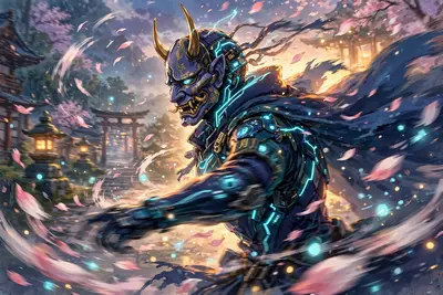 painterly anime style with cel-shaded characters anime scene: an oni-masked warrior in electric armor, surrounded by swirling petals and drifting