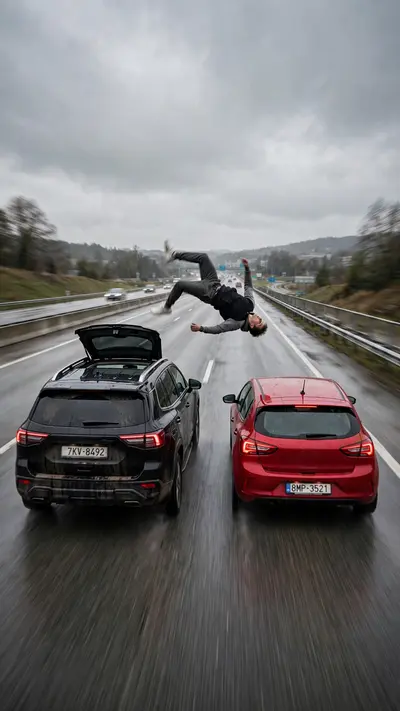 A rear-view, wide-angle cinematic shot on a wide highway under an overcast sky. A black SUV driving on the left lane and a red hatchback driving