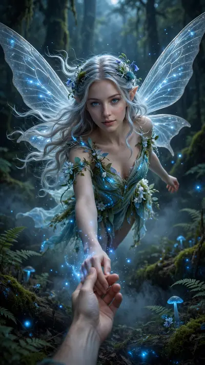 In this picture, where I have raised and placed my hand, add a beautiful, glowing girl with a blue magical light around her. She should look like a