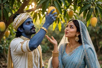 Cinematic video, resolution. Medium shot under a lush green mango tree. A blue-skinned man in traditional white and gold attire reaches up and plucks