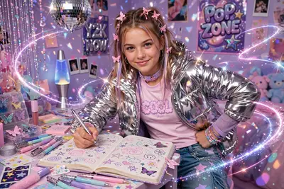 a gel-pen artist doodling in a diary captured in early-2000s teen magazine photography, striking a confident pose. Disco-ball light shards highlight