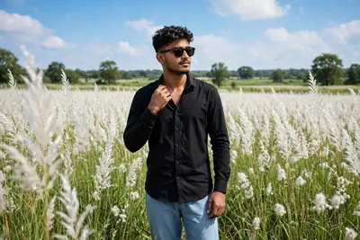 reference photo. He is wearing a black confident, calm expression. Wide scenic Ultra-realistic high-quality outdoor portrait of a young Indian man