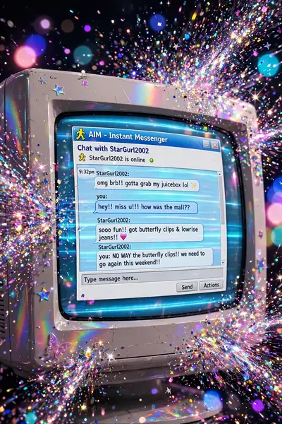 High-shine nostalgic Y2K digital art artwork of an AIM chat window glowing on a CRT monitor, glitter exploding around the frame. Sparkling glitter