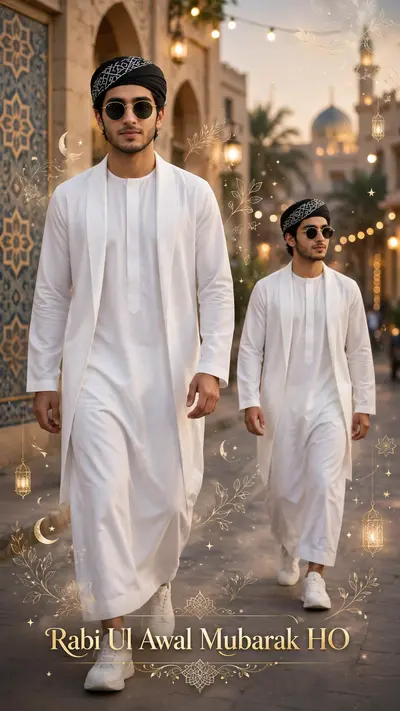 A Ultra-HD realistic size 9:16\u200b 12, Rabi Ul Awal Mubarak HO photo A stylized digital composition featuring a young man (reference image) He appears
