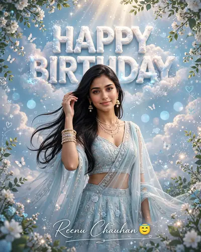 Create an ultra-realistic dreamy birthday poster featuring a beautiful young Indian woman standing in the center wearing a light pastel blue