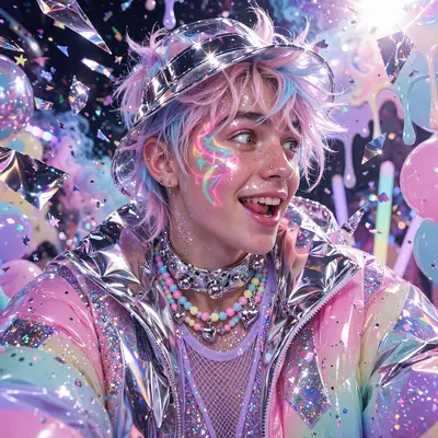 Glossy bubblegum pop-art style composition of a rave kid glowing under blacklight, chrome and glitter everywhere. Pastel gradient glow wash the scene
