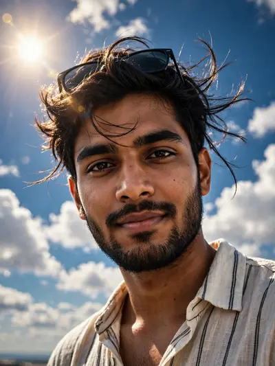 Ultra-realistic close-up portrait of the SAME young South Asian man from the uploaded image, captured from a dramatic low-angle perspective using an