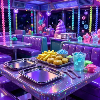 a food-court hangout with chrome trays in shiny plastic-toy render style, frozen in a flash of early-2000s magic. Blacklight ultraviolet glow makes