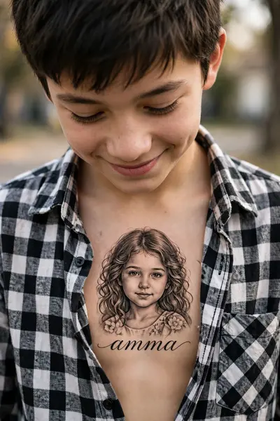 The boy is wearing a black-and-white checkered shirt, slightly unbuttoned to reveal a highly detailed realistic chest tattoo featuring a beautiful