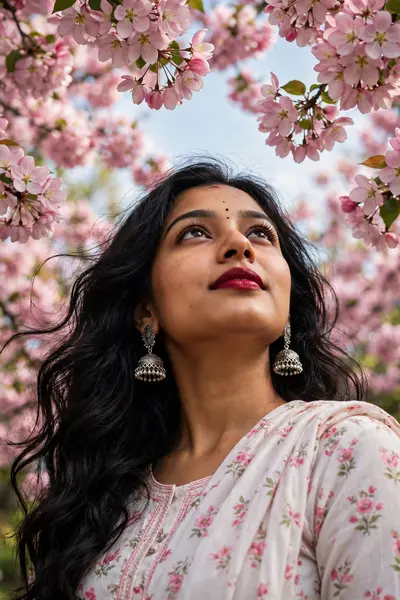 "A low-angle, close-up portrait of a beautiful South Asian woman with long, wavy black hair, looking upwards into the sky with a serene expression