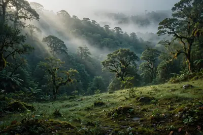 Use the uploaded image as the base photo. Transform it into an ultra-realistic cinematic foggy forest with dense natural white fog, layered