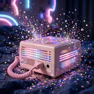 Playful glitter-bomb pop collage style portrait of a dial-up modem glowing in a dark bedroom, glitter drifting through the air. Neon-sign pastel wash