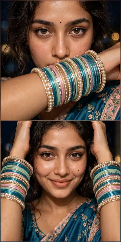 Ultra-realistic beauty portrait collage of a stunning young South Asian woman with naturally beautiful features, photographed in a luxury ethnic