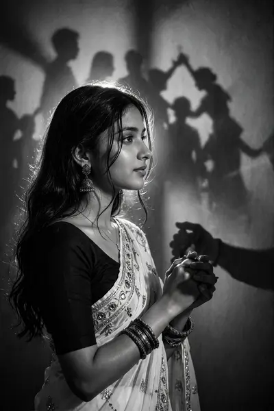 A cinematic, moody black and white editorial photograph of the girl in uploaded 1st picture with dark styled hair, long dark hair, loosely wavy with