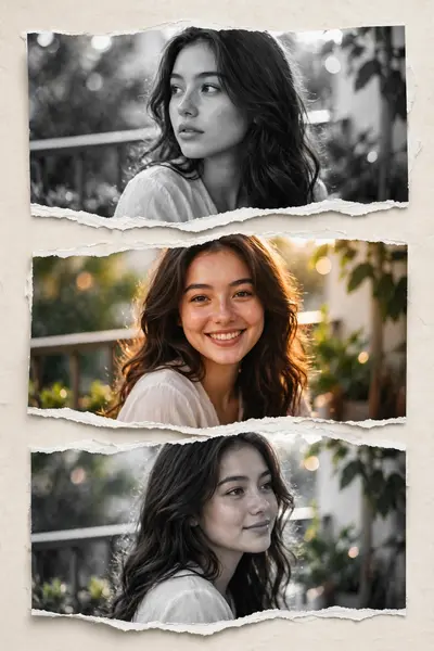 Create a stylish collage portrait using the uploaded photo. Split the image into 3 horizontal torn-paper sections stacked vertically. The middle