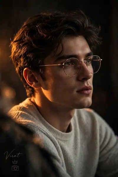 Create this image a handsome young man, use my face on this image, with dark brown hair, is captured In a moody, low-light setting. He is looking off