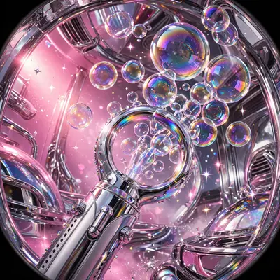 iridescent chrome-futurist illustration snapshot of a bubble-wand blowing iridescent spheres, pure millennium-era energy. Soft bubblegum-pink key