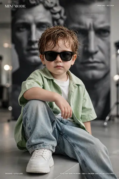 Ultra-realistic toddler boy, pastel green oversized shirt, white tee, baggy light-wash jeans, chunky white sneakers, black sunglasses, boss baby