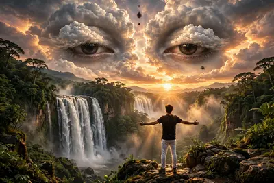Ultra-realistic cinematic sunset photography, a young man standing from the back on a rocky platform beside a giant waterfall, arms fully open, black
