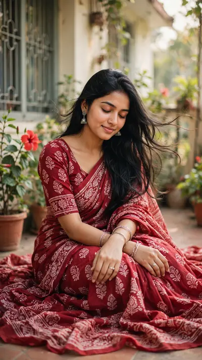 Ultra-realistic DSLR portrait photography of a beautiful young Indian woman sitting gracefully outdoors near a house garden, wearing a deep red