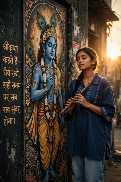 Ultra-realistic cinematic portrait of a young South Asian woman standing beside a giant blue Lord Krishna mural, eyes closed, holding a wooden flute