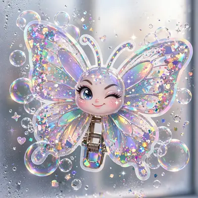 Dreamy holographic sticker-book art style scene featuring a butterfly-clipped hair icon winking at the camera, surrounded by bubbles and sparkle