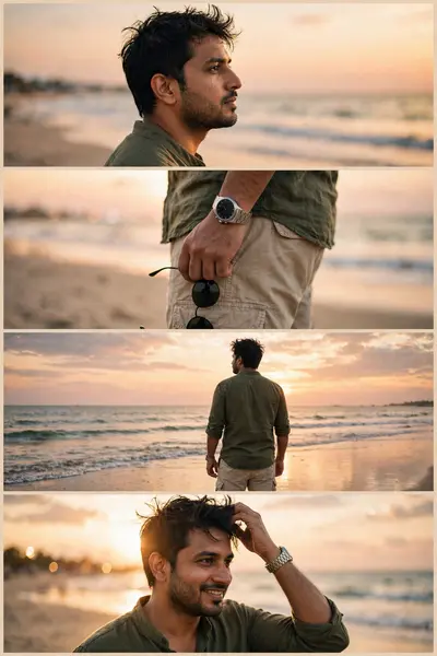 Ultra-realistic DSLR cinematic beach photoshoot collage featuring the SAME person from the uploaded reference image. Preserve face identity 100%