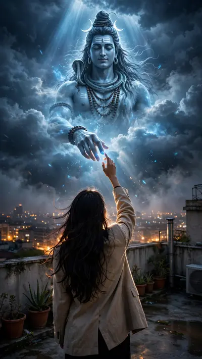 Ultra-realistic cinematic spiritual night photography of a young Indian woman standing alone on a rooftop terrace under a dark mystical sky, captured