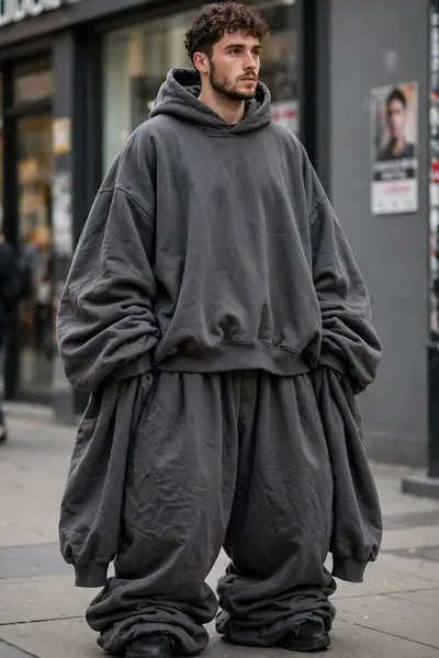 Transform the clothing worn by the person in the uploaded image into an extremely oversized, ultra-baggy “jhula dhala” streetwear outfit while