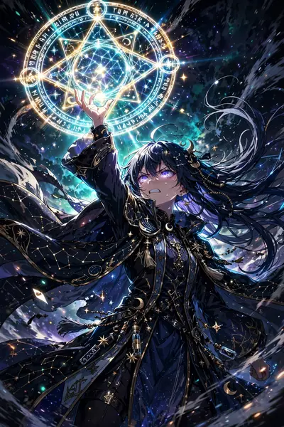 Cinematic anime still of a starlight summoner raising a glowing sigil in studio-quality TV anime style, caught at the peak of motion. High-contrast