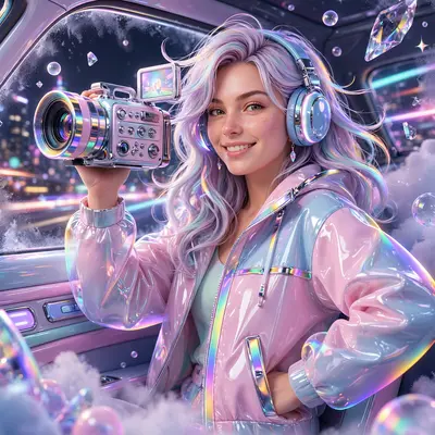 a camcorder vlogger filming a night drive captured in frosted-glass futurism illustration, striking a confident pose. Iridescent rainbow rim light