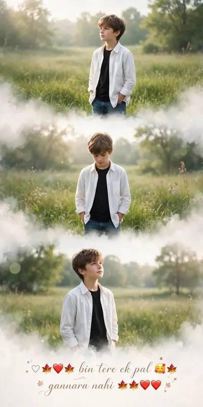 A cinematic vertical triptych collage depicting the same young boy standing alone in a lush green field in bright daylight. The collage is divided