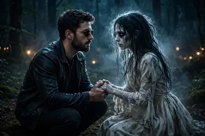 Ultra realistic cinematic night portrait of a person kneeling and holding hands with a horror ghost girl romantically in a dark forest at night, 100%