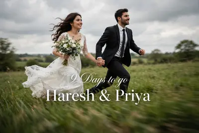 Cinematic, realistic photograph of a couple running hand in hand across a a green field, a woman in a white dress with a bouquet of white and green